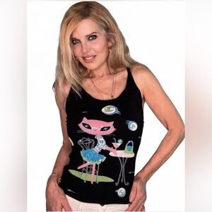 Lui Jo Italy Black Tank Top with Pink Cat Graphic Crystal Embellished